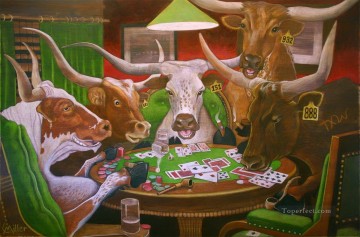 Funny Pets Painting - longhorns cattle playing poker facetious humor pets
